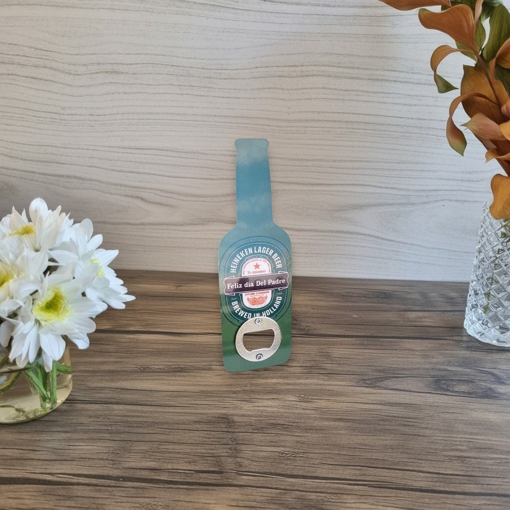 Destapador IMAGINALASER de MDF con forma de botella de cerveza y diseño personalizado para el Día del Padre