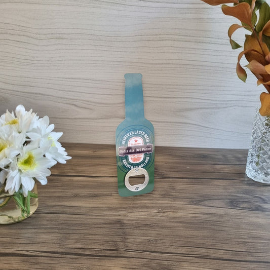 Destapador IMAGINALASER de MDF con forma de botella de cerveza y diseño personalizado para el Día del Padre