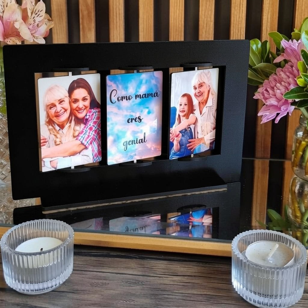 Portaretrato triple giratorio IMAGINALASER con marco negro de MDF y tres placas brillantes personalizadas para fotos